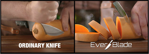 Comparing ordinary knife to Everblade on squash