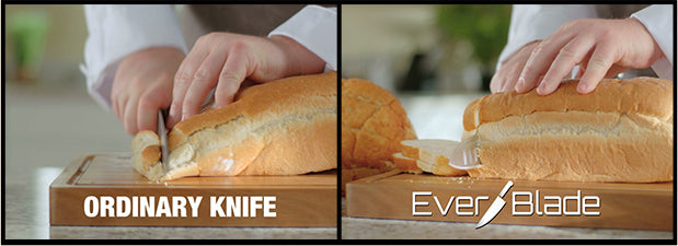 Comparing ordinary knife to Everblade on bread