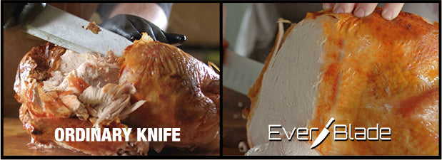 Comparing ordinary knife to Everblade on chicken